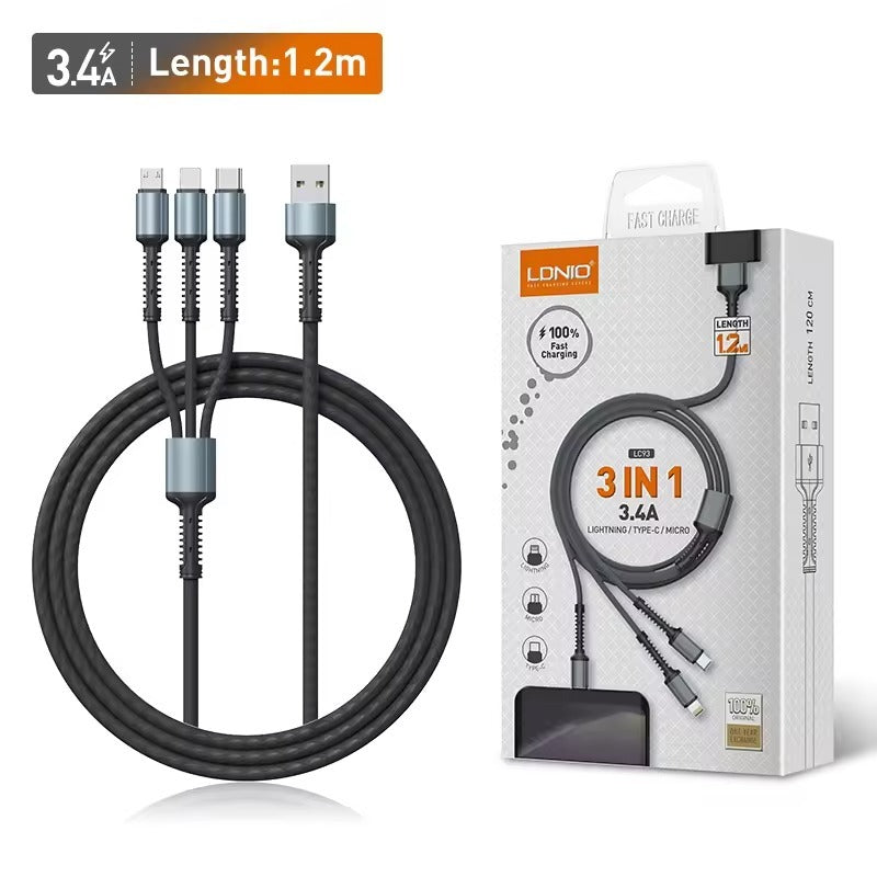 Ldnio USB To (Type-C + Micro + Lightning) 3in1 Cable 3.4A Fast Charging 1.2m